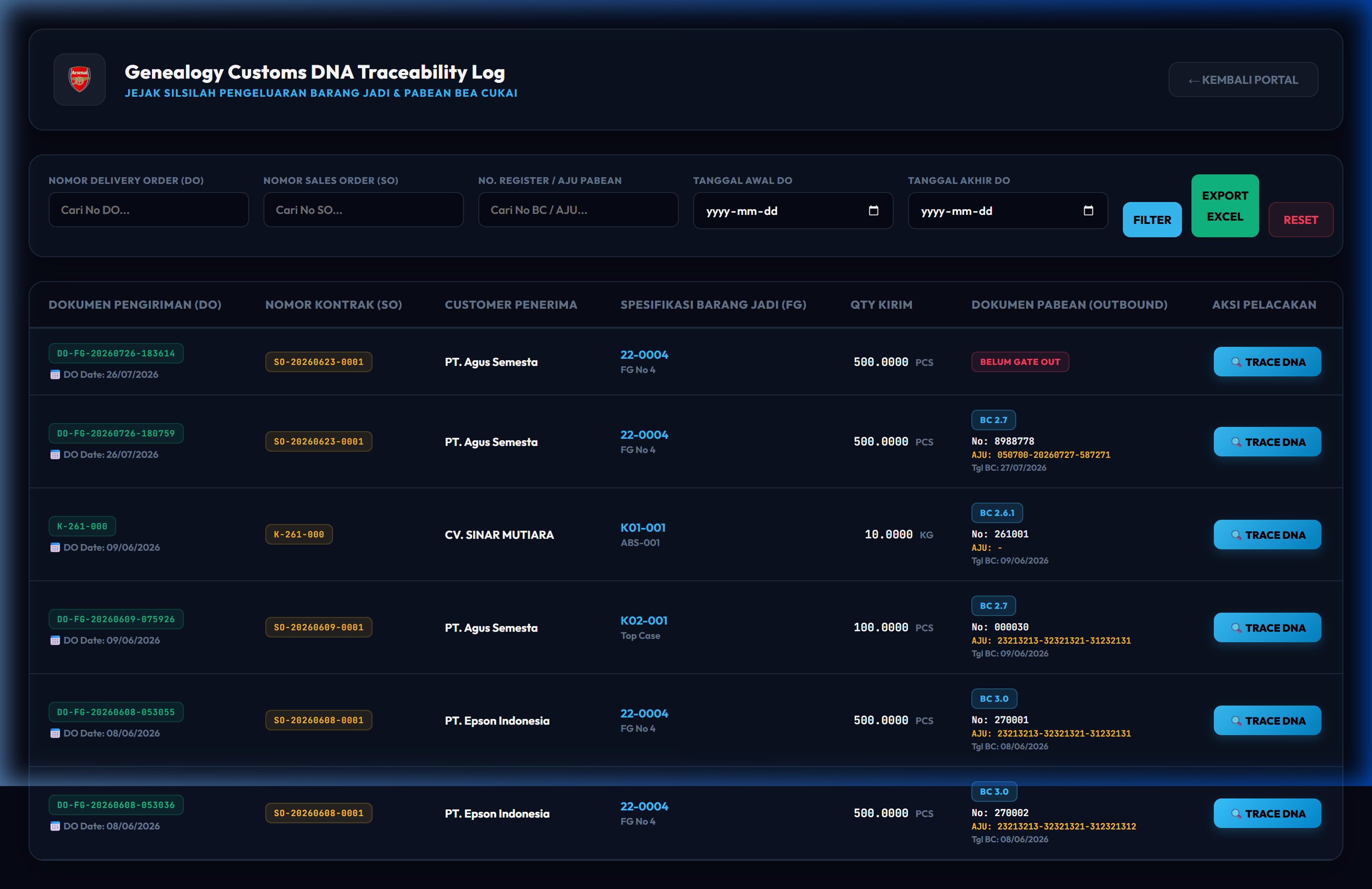 Traceability Log Screenshot